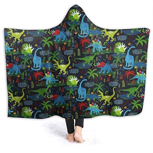 Searster$ Hooded Blanket Manta con Capucha Dinosaurios y Plantas Manta Estampada Mantas de Felpa Sherpa Fleece Suave Invierno Cálido Novedad Cape Wrap Capa ponible para Adultos y niños
