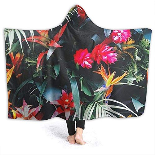 Searster$ Hooded Blanket Manta con Capucha Manta de Estampado de Plantas Tropicales Mantas de Felpa Forro Polar Sherpa Suave Invierno Cálido Novedad Cape Wrap Capa ponible para Adultos y niños