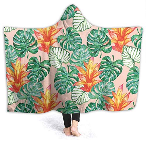 Searster$ Hooded Blanket Manta con Capucha Plantas Tropicales Estampado Mantas de Felpa Sherpa Fleece Suave Invierno Cálido Novedad Cape Wrap Capa ponible para Adultos y niños