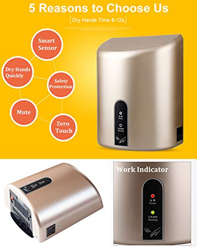 Secamanos Eléctrico | Ecológico, de Alta Velocidad y Bajo Uso de Energía | Secadores de Mano de Pared | Automática Secador de Manos Eléctrico | Frío y de Ajuste de Calor/A:Gold