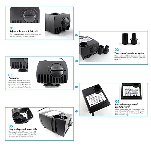 SeeKool Mini Bomba de Agua Ultra Silencioso 300L/H Submersible Pump 3W Circulation Pump con 2 Boquillas para Pecera Acuario Jardín, Fuente, Estanque Sistemas Hidropónicos