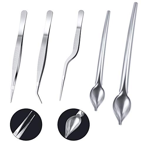 SelfTek Pinzas de Cocina de Acero Inoxidable de 5 Piezas Pinzas de precisión con Puntas dentadas, cucharas de Dibujo culinario y Juego de cuñas de Placas de plástico de 6 Piezas para Decorar Platos