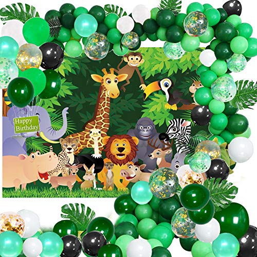 Selva cumpleaños Decoracion Kit de Guirnalda de Globos Arch, Póster de Tela para Fiesta temática de la Selva, Feliz Cumpleaños con Globo Verde con Hojas de Palma, Safari Bosque Globos para Cumpleaños