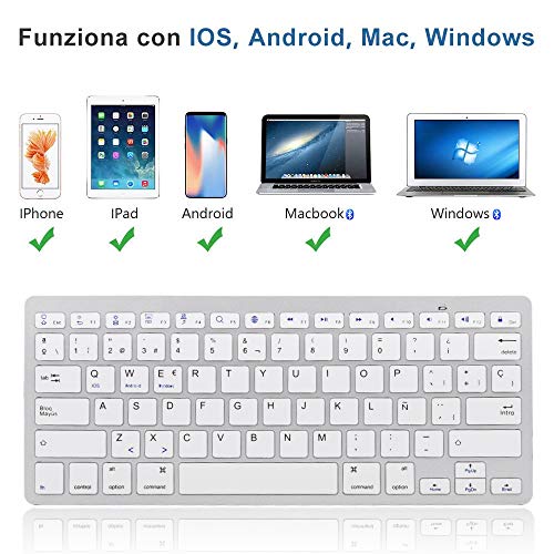 SENGBIRCH Teclado Bluetooth Español, Light Teclado Inalámbrico Portátil para iPhone de iOS, iPad, Samsung, Huawei, Android, Windows y Cualquier Dispositivo con Bluetooth, Teclado Bluetooth (Blanco)