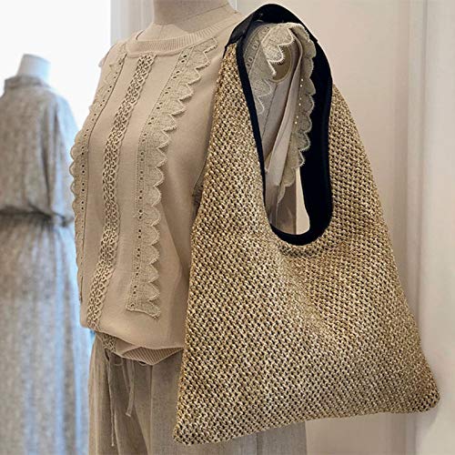 Senmubery Bolsos de Hombro de Mujer de Moda Bolso de Paja de Mimbre Bolsos de Dise？O Bolso de Gran Capacidad Bolso de Playa de Verano Femenino Negro