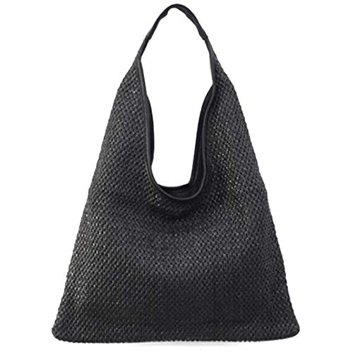Senmubery Bolsos de Hombro de Mujer de Moda Bolso de Paja de Mimbre Bolsos de Dise？O Bolso de Gran Capacidad Bolso de Playa de Verano Femenino Negro