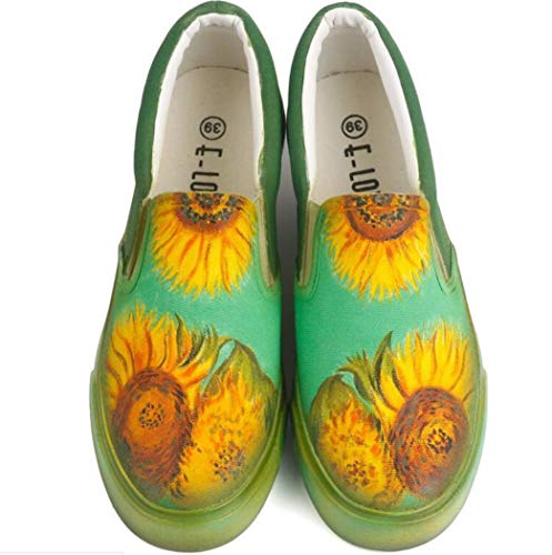 Señoras de los zapatos de lona, ​​Bella zapatos vulcanizados pintado a mano de nuevo de las mujeres de girasol Pisos pintado a mano de Van Gogh Pintura de diseño de moda Calzado Personalizado,C,39