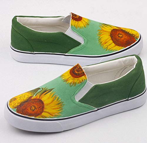 Señoras de los zapatos de lona, ​​Bella zapatos vulcanizados pintado a mano de nuevo de las mujeres de girasol Pisos pintado a mano de Van Gogh Pintura de diseño de moda Calzado Personalizado,C,39