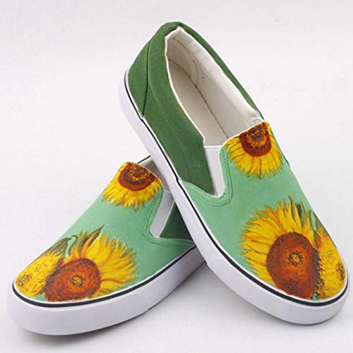 Señoras de los zapatos de lona, ​​Bella zapatos vulcanizados pintado a mano de nuevo de las mujeres de girasol Pisos pintado a mano de Van Gogh Pintura de diseño de moda Calzado Personalizado,C,39