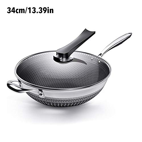 seraphicar Sartén Antiadherente, Sartén Wok De Panal De Acero Inoxidable Sartén De Aceite para Freír Sin Humo con Tapa De Vidrio Sartén De Cocina Utensilios De Cocina