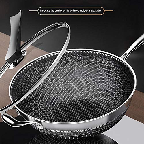 seraphicar Sartén Antiadherente, Sartén Wok De Panal De Acero Inoxidable Sartén De Aceite para Freír Sin Humo con Tapa De Vidrio Sartén De Cocina Utensilios De Cocina