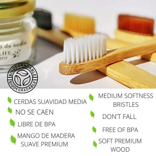 Set 5 cepillos de dientes 100% bambú biodegradables con tarro de bicarbonato para hacer pasta casera saludable, suavidad media