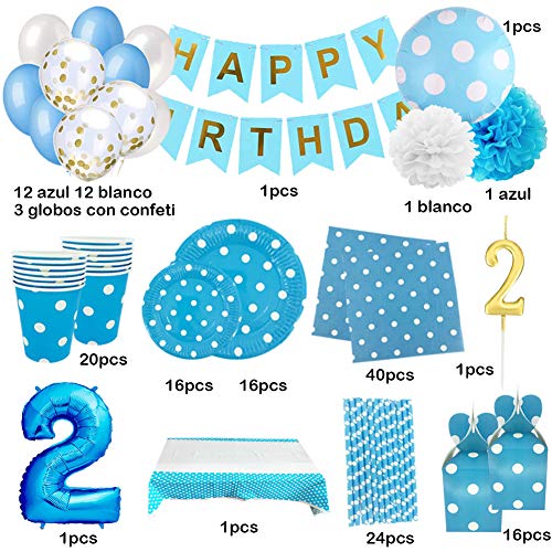 Set de Artículos Accesorios Completo para Decoración Fiestas Cumpleaños Bebé Lote Sirve 16 Invitados (Niño de 2 años)