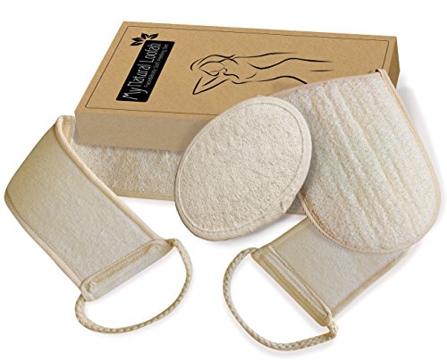 Set de baño con esponja natural Luffa exfoliador corporal y facial con cepillo para la espalda, guante y almohadilla exfoliadora para la ducha