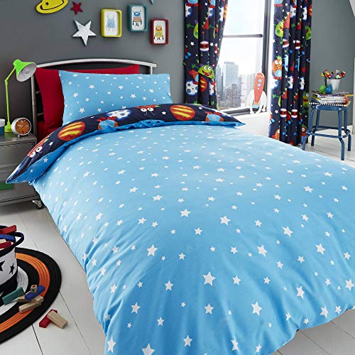 Set de Fundas Infantiles para edredón - Reversible - Estampado del Espacio - Brilla en la Oscuridad - Azul - Matrimonio