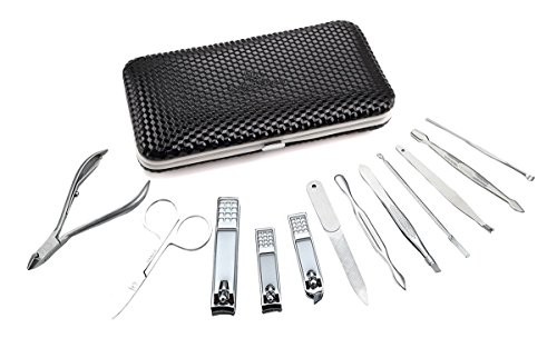 Set Manicura y Pedicura Corta Cuticulas Profesional - Cortauñas Acero Inoxidable Utensilios para Limpiador de Uñas kit Belleza 12 Piezas con Leder Caja by Keiby Citom (Negro)