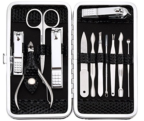 Set Manicura y Pedicura Corta Cuticulas Profesional - Cortauñas Acero Inoxidable Utensilios para Limpiador de Uñas kit Belleza 12 Piezas con Leder Caja by Keiby Citom (Negro)