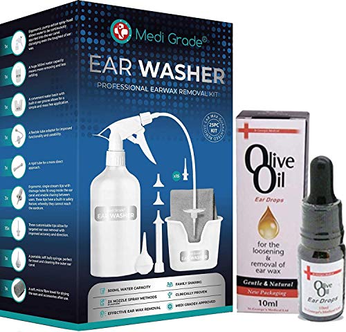 Set para Limpiar Oídos, Frasco 500 ml + Jeringa Grande y Conos para los Oídos + Gotas de Aceite de Oliva 100 %, Kit de Limpieza de Oídos de Medi Grade, Elimina Tapones de Oídos en Adultos y Niños