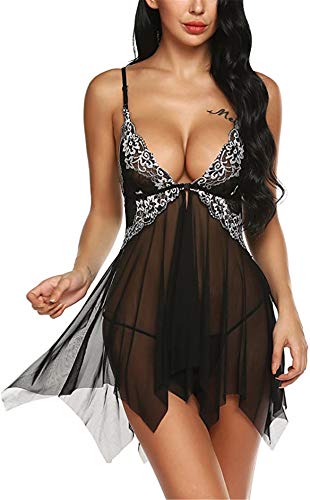 Sexoo Conjunto de Lencería Sexy Ropa Interior para Mujer de Dormir Lace V- Cuello Transparente Camisón de Encaje Talla Grande,S-4XL