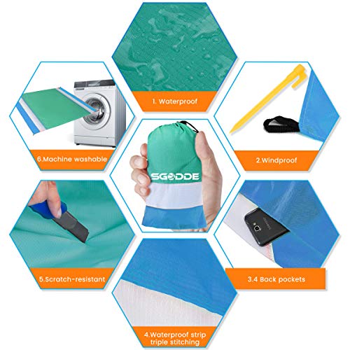 SGODDE Alfombra de Playa Esterilla Toalla, 210x200cm Manta Picnic Impermeable Grande, 210T Manta de Playa de Poliéster Antiarena Impermeable con 4 Estaca Fijos,para Playa,Camping,Picnic,Piscina