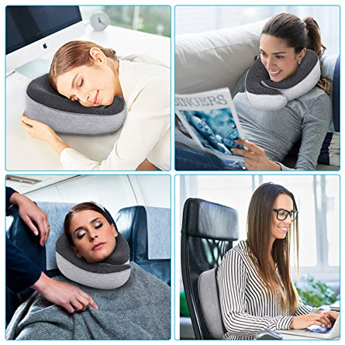 SGODDE Almohada de Viaje Viscoelástica de Espuma de Memoria, Almohada de Cuello, Almohadas de Acampada, Almohada Ortopédica Cervica, Soporte de Cuello, con Máscara de Ojos y Tapones