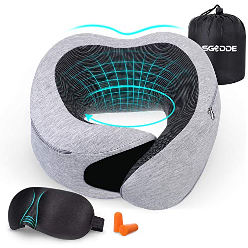 SGODDE Almohada de Viaje Viscoelástica de Espuma de Memoria, Almohada de Cuello, Almohadas de Acampada, Almohada Ortopédica Cervica, Soporte de Cuello, con Máscara de Ojos y Tapones