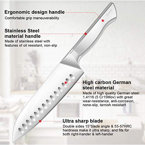 SHAN ZU Cuchillo Santoku - Cuchillo de Cocina Profesional, Cuchillo de Cocinero Japonés, Hoja de Acero Inoxidable Alemán Ultrafino de 18 cm y Mango Cómodo Antideslizante Apto para Lavavajillas