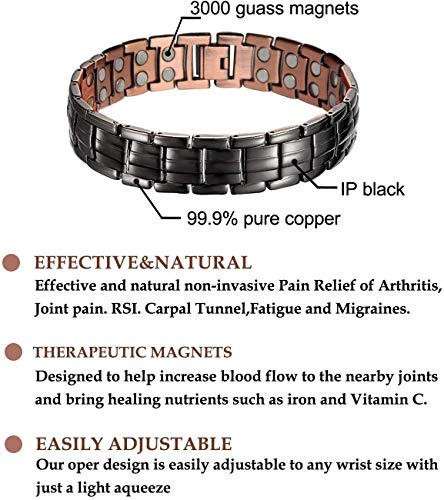 shangji Pulsera magnética de Cobre para Hombre para aliviar el Dolor de la Artritis Pulseras Elegantes de Cobre sólido al 99,99% con imanes Fuertes de Doble hilera (Negro)