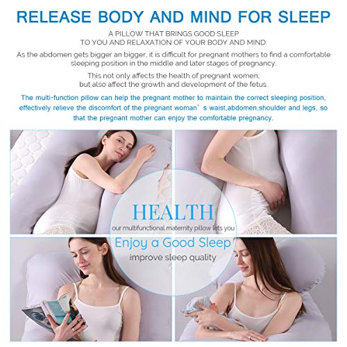 SHANNA - Almohada extragrande para adultos, almohada corporal para embarazadas y maternidad, en forma de U, con funda extraíble y lavable, 70 x 130 cm, algodón, Gris y blanco., 70*130CM