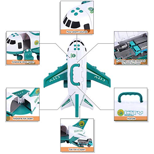 SHANNA Juego Aviones Vehículos,Juego Juguetes Educativos VehíCulos con Ruedas Inercia,1 AvióN Grande,4 Autos Aleación para Niños Mayores 3 Años (Vehículo Saneamiento-Verde)