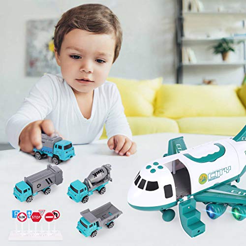 SHANNA Juego Aviones Vehículos,Juego Juguetes Educativos VehíCulos con Ruedas Inercia,1 AvióN Grande,4 Autos Aleación para Niños Mayores 3 Años (Vehículo Saneamiento-Verde)