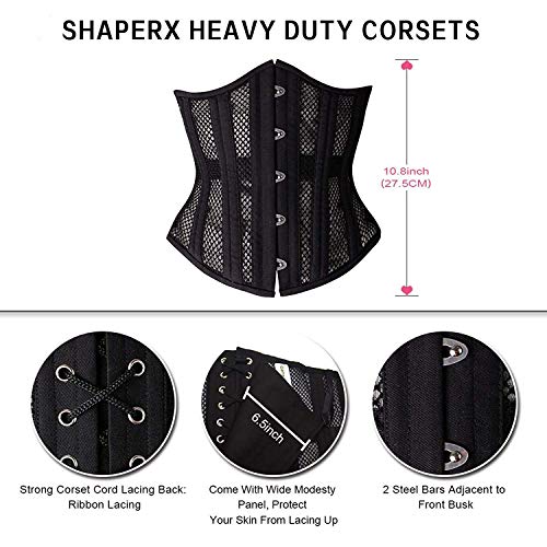 SHAPERX 26 Double Steel Boned Breathable Mesh Corset Heavy Duty Waist Training Shaper, UK-DT1996-Black-XL