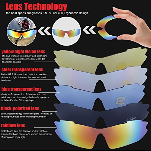 ShareWe Gafas de Ciclismo Unisex Gafas de Sol de Deportivas Polarizadas 5 Lentes Intercambiables para Deporte y Aire Libre Ciclismo Conducir Pesca Ski Esquiar Golf Correr (Negro + Rojo)