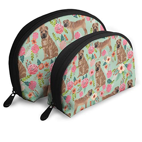 Sharpei - Bolsa de mano con diseño de flores, diseño de concha de menta, bolsa de embrague, bolsa de cosméticos, unisex, bolsa de almacenamiento de viaje, multifunción para niños, 2 unidades