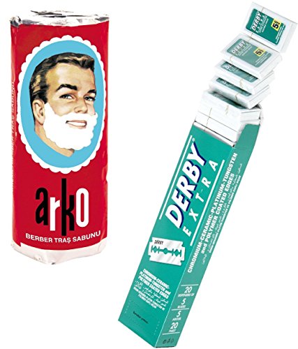 Shaving Factory - Set de afeitado (incluye cuchillas de afeitar de doble hoja Derby Extra y pastilla de jabn de afeitar Arko, pack de 1 unidad)