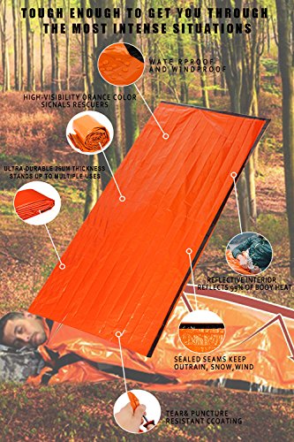 Shayson Saco de Emergencia Dormir,Aislamiento Térmico, Exterior Brillante Naranja Fácil de Localizar Portátil,para Acampar Supervivencia Al Aire Libre 2 Pack