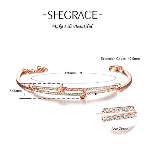 SHEGRACE Brazaletes Mujer Latón Chapado en Oro Rosa, Luna y Estrella Pulsera, Joyería para Mujer Niñas, Regalo para Día de la Madre El Día de San Valentín La Navidad El Cumpleaños