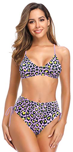 SHEKINI Bañador de Dos Piezas Mujer Bandolera Ajustables Halter Top de Bikini Elegante Impreso Bikini Dos Piezas Cintura Alta Ajustables Ties up Parte Inferior del Bikini (Estampado Leopardo, XL)