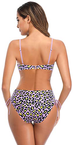 SHEKINI Bañador de Dos Piezas Mujer Bandolera Ajustables Halter Top de Bikini Elegante Impreso Bikini Dos Piezas Cintura Alta Ajustables Ties up Parte Inferior del Bikini (Estampado Leopardo, XL)