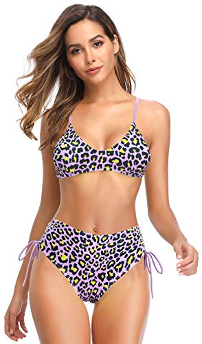 SHEKINI Bañador de Dos Piezas Mujer Bandolera Ajustables Halter Top de Bikini Elegante Impreso Bikini Dos Piezas Cintura Alta Ajustables Ties up Parte Inferior del Bikini (Estampado Leopardo, XL)