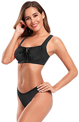 SHEKINI Bañador de Dos Piezas Mujer Pliegues Retro Drawstring Ties up Halter Correa de Hombro Ajustable Cintura Baja Triángulo Bottom Bikini de Dos Piezas Playa (S, Negro)