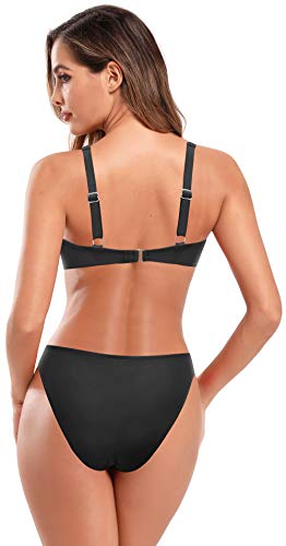 SHEKINI Bañador de Dos Piezas Mujer Pliegues Retro Drawstring Ties up Halter Correa de Hombro Ajustable Cintura Baja Triángulo Bottom Bikini de Dos Piezas Playa (S, Negro)