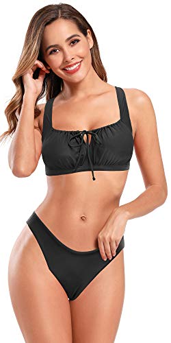 SHEKINI Bañador de Dos Piezas Mujer Pliegues Retro Drawstring Ties up Halter Correa de Hombro Ajustable Cintura Baja Triángulo Bottom Bikini de Dos Piezas Playa (S, Negro)