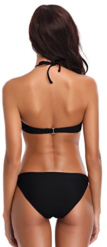 SHEKINI Bandeau Twist Halter para Mujeres Bikini Trajes de baño Parte Inferior del Anillo (S, Negro)