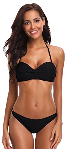 SHEKINI Bandeau Twist Halter para Mujeres Bikini Trajes de baño Parte Inferior del Anillo (S, Negro)