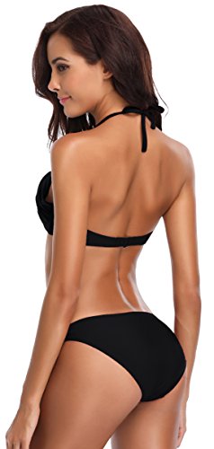 SHEKINI Bandeau Twist Halter para Mujeres Bikini Trajes de baño Parte Inferior del Anillo (S, Negro)