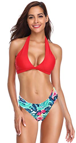 SHEKINI Bikini con Cuello Halter con Diseño Cruzado Conjunto de Bikini Traje de Baño Style Bikini Conjunto Set Tops y Bragas Bañadores Ropa Verano Mujer (M, Patrón Rojo)