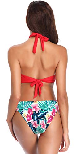 SHEKINI Bikini con Cuello Halter con Diseño Cruzado Conjunto de Bikini Traje de Baño Style Bikini Conjunto Set Tops y Bragas Bañadores Ropa Verano Mujer (M, Patrón Rojo)