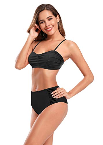 SHEKINI Mujer Bañador de Dos Piezas Correa de Hombro Ajustable Ruched Bandeau Top Retro Bikini Dos Piezas Elegante Traje de Baño Ruched Cintura Alta Parte Inferior del Bikini (Negro, L)