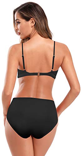 SHEKINI Mujer Bañador de Dos Piezas Correa de Hombro Ajustable Ruched Bandeau Top Retro Bikini Dos Piezas Elegante Traje de Baño Ruched Cintura Alta Parte Inferior del Bikini (Negro, L)